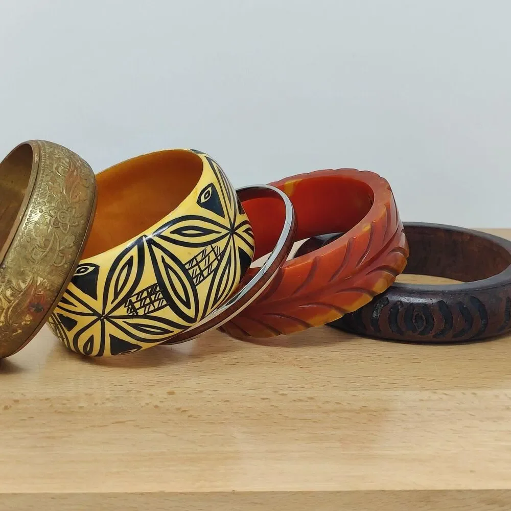 Vintage Boho Bangle Bracelet Stack – Curated 5-Piece Estate Jewelry Lot